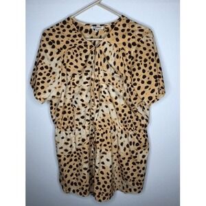 Mileage Gold Leopard 1/2 Zip Waist Defined‎ Short Sleeve Blouse Top Women 3X